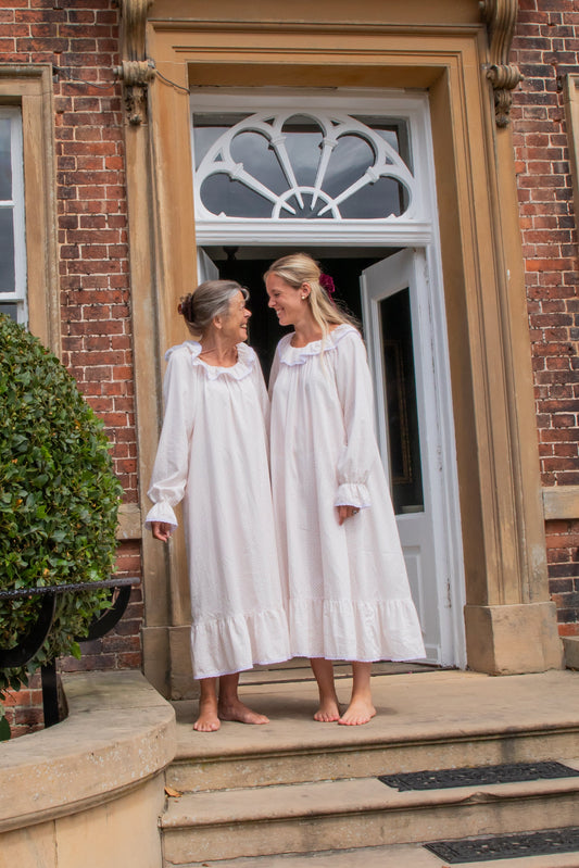Mother and daughter wearing matching Harriet Jane London Briar Rose nighties in pink floral French cotton